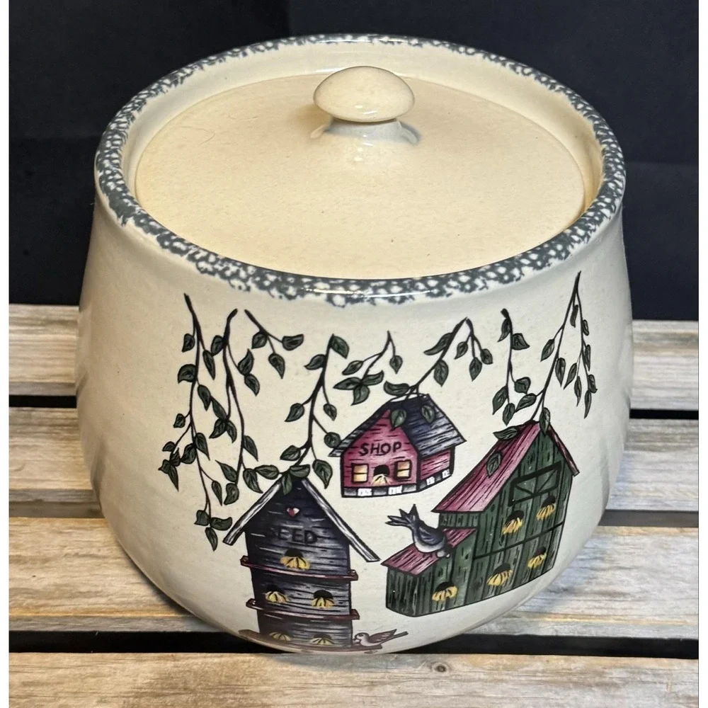 Home & Garden Party Birdhouse Cookie Jar Stoneware Beige Farmhouse USA 1999